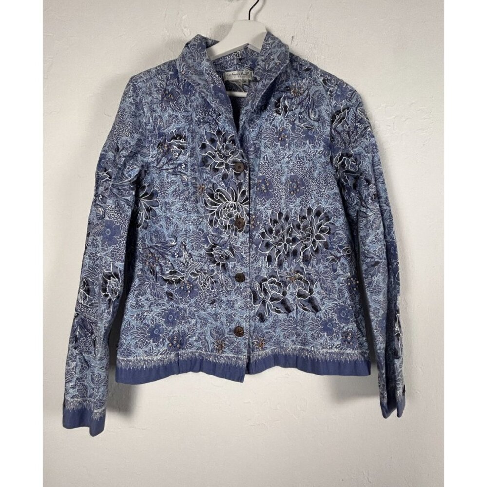 Coldwater Creek Womens Blue Floral Beaded Button-Front Jacket Medium Lightweight